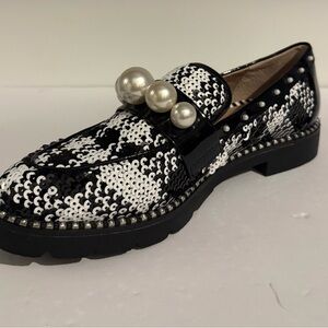 Betsey Johnson Black and White Sequin Loafers with Pearl Accents